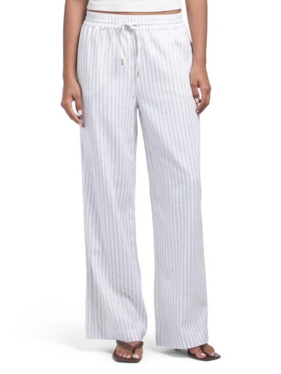 MAISON D'AMELIE Pants - MAISON D'AMELIE Linen Blend Striped Woven Straight Leg Pull On Pants